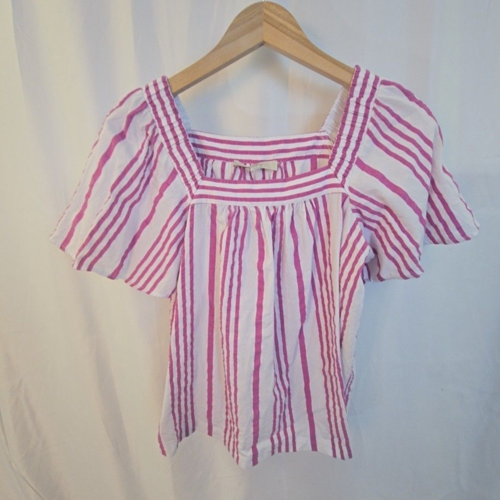 LOFT Blouse Womens Small Pink Striped Square Neck Flutter Sleeve Top Boho